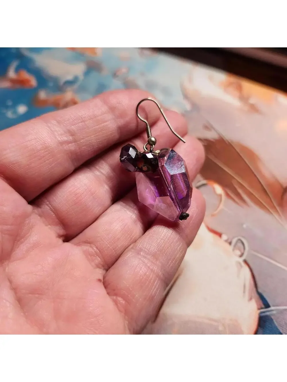 Purple Faceted Drop Earrings 2 Inch Dangle Beaded Statement - Picture 4 of 5